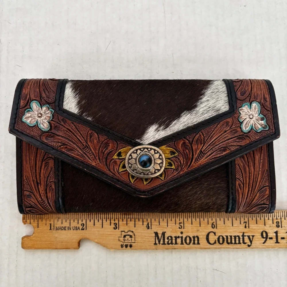 Tooled Leather Wallet Womens Brown Cowhide‎ Sunflower Western Concho New